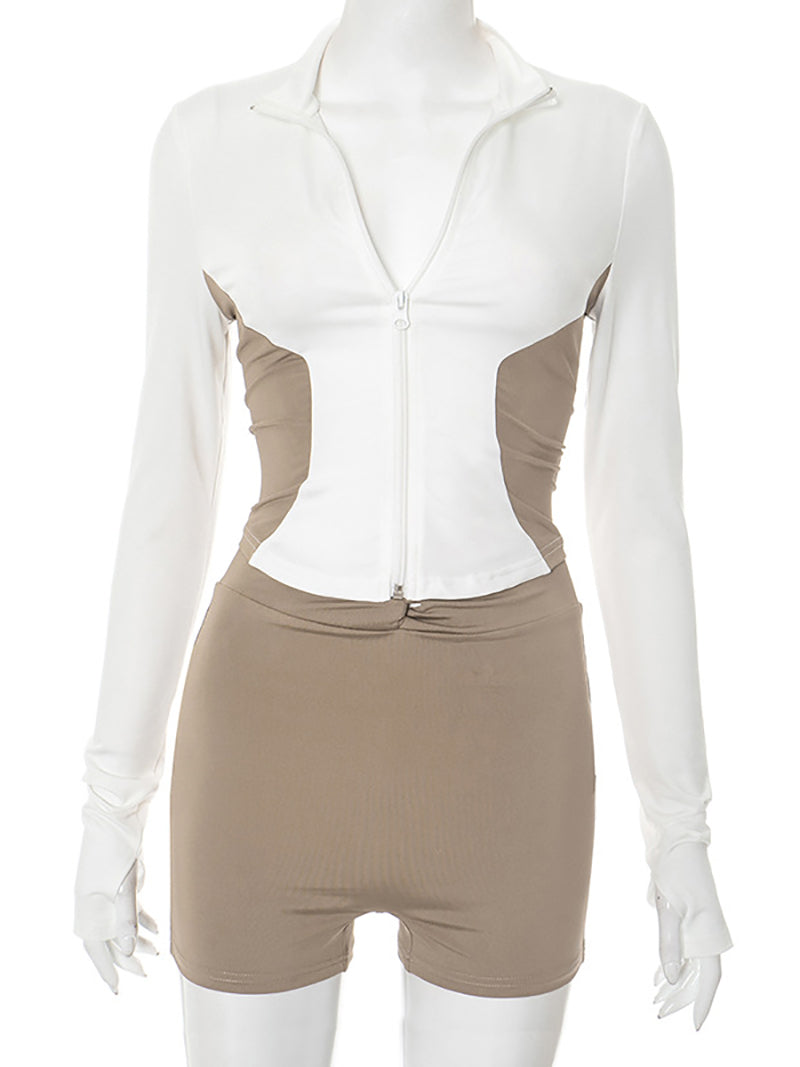 Stand Collar Contrast Color Slim Top Skinny Shorts Sets
