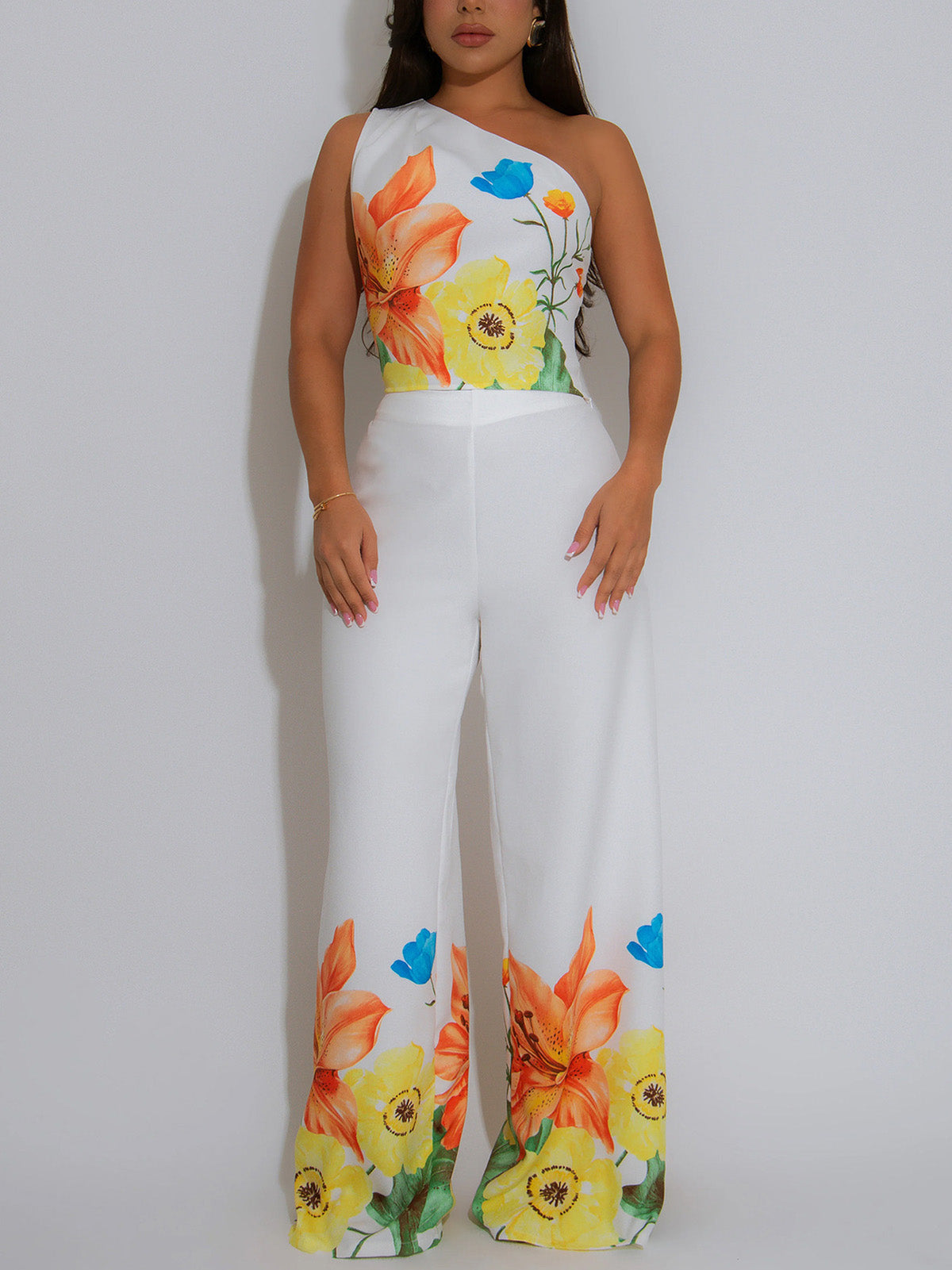 Elegant Sloping Shoulder Floral Print Pants Sets