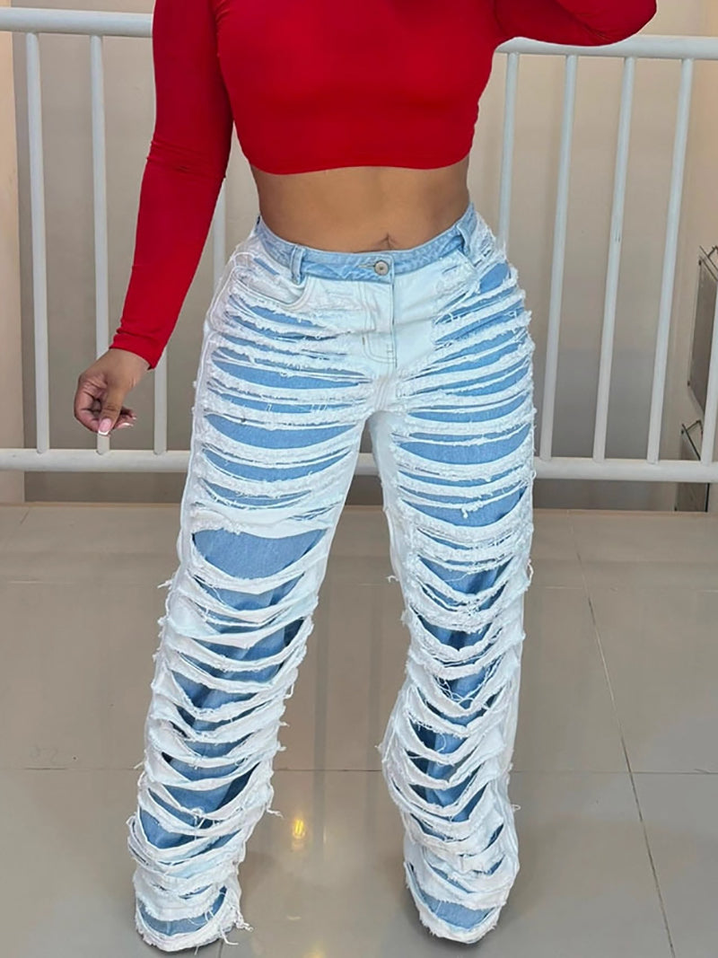 Fashion Denim Fray Detail Straight Jeans