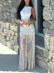 Sexy Cut Out Bodysuit Fringe Maxi Dress 2 Piece Set