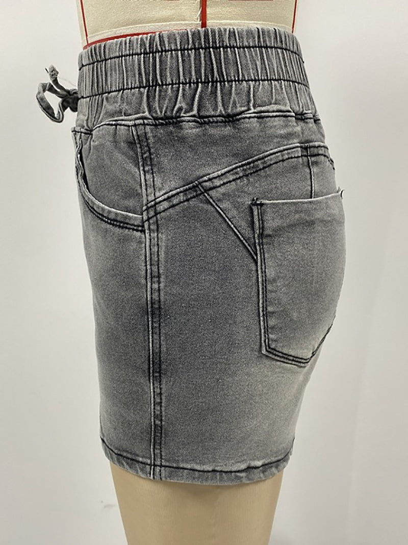 Casual Elastic Waist Lace-Up Denim Shorts