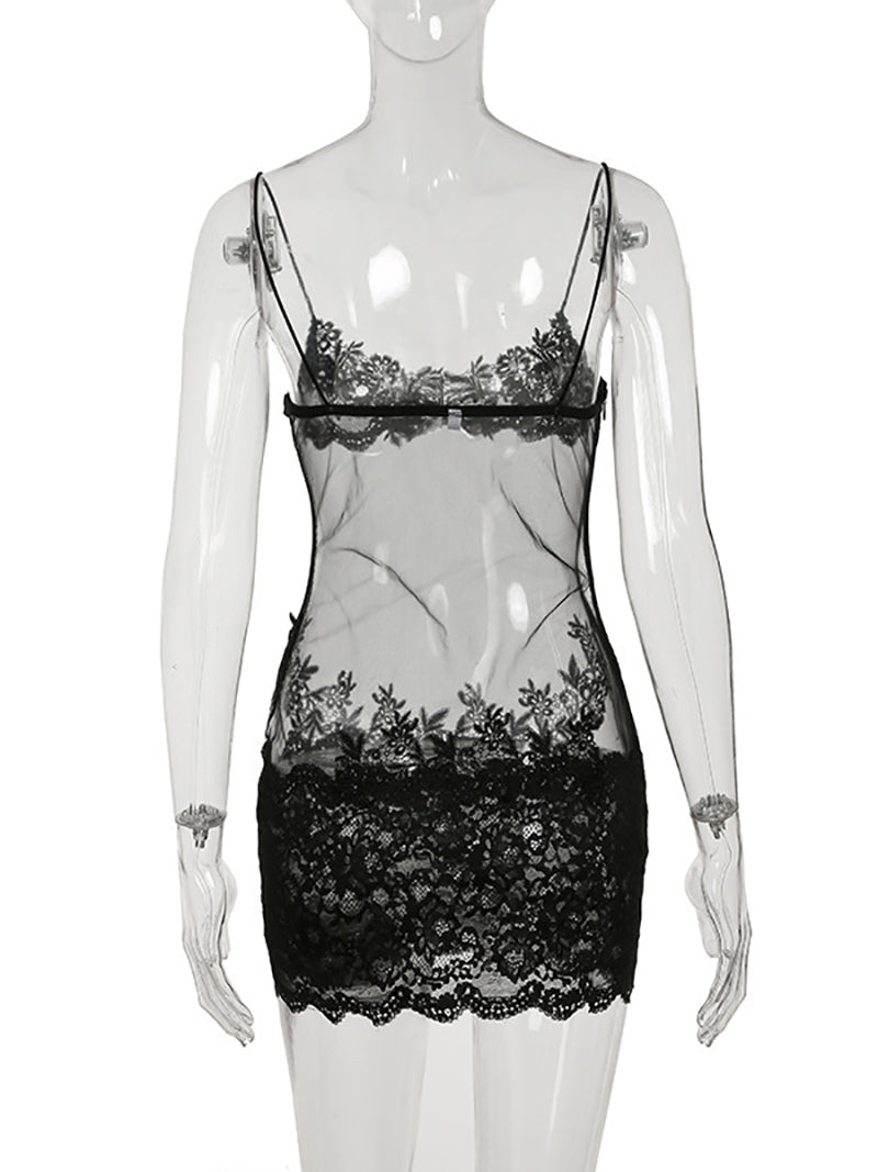 Sexy Mesh Lace Patchwork Spaghetti Strap Mini Dress