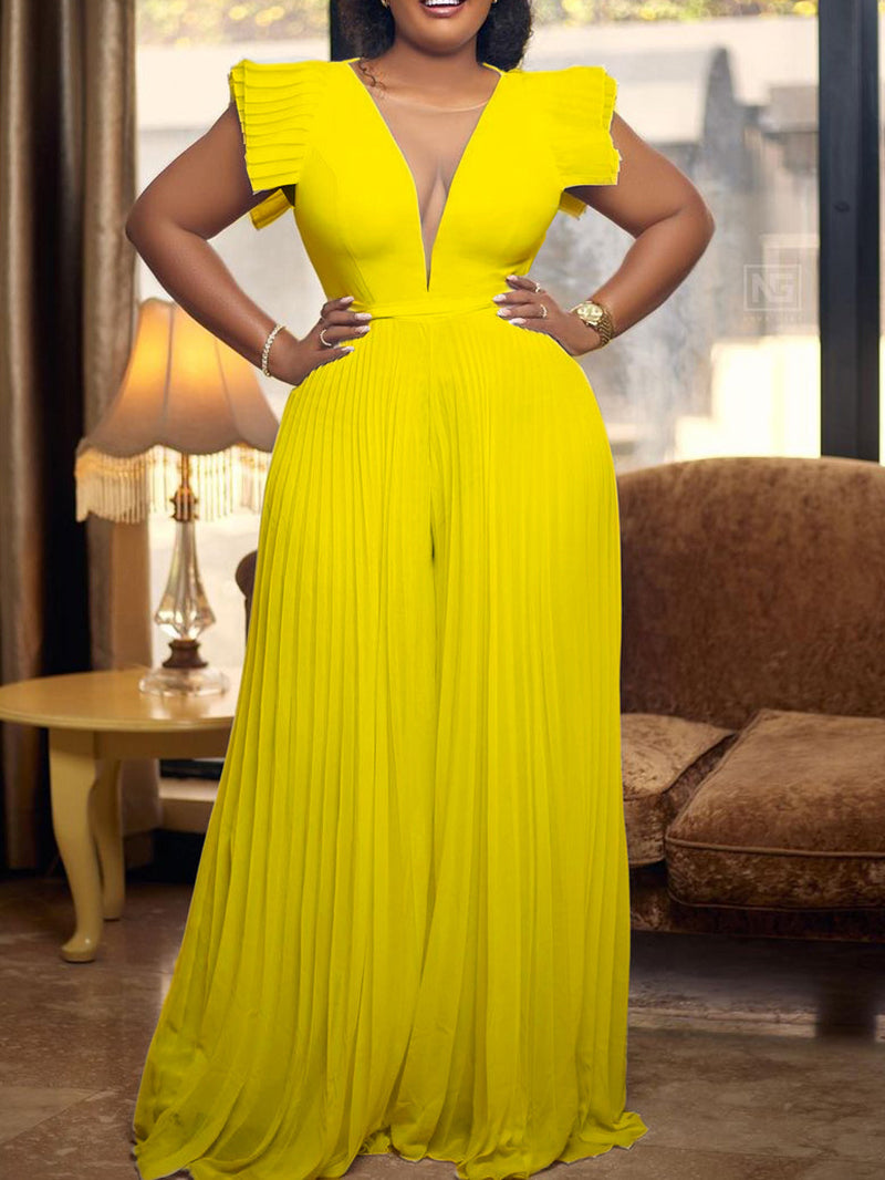 Elegant V Neck Plain Mesh Pleated Jumpsuit