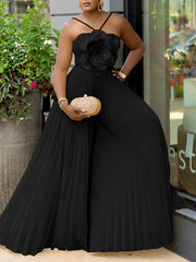 Flower Decoration Pleated Wide Leg Jumpsuit
