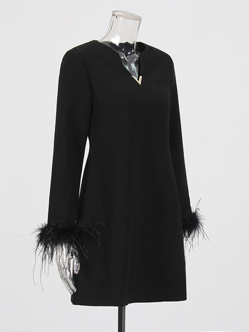Fashion V Neck Long Sleeve Feather Mini Loose Dress
