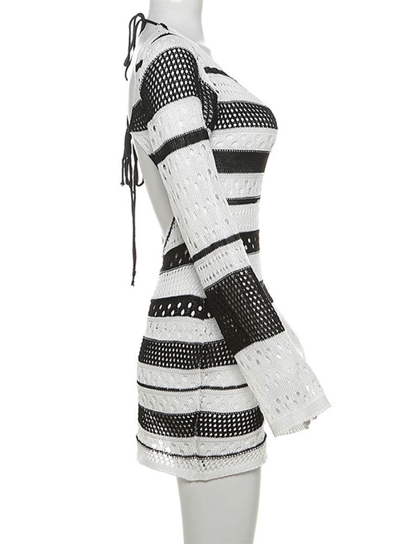 Stripes Print Knit Cut Out Backless Tie Back Mini Dress