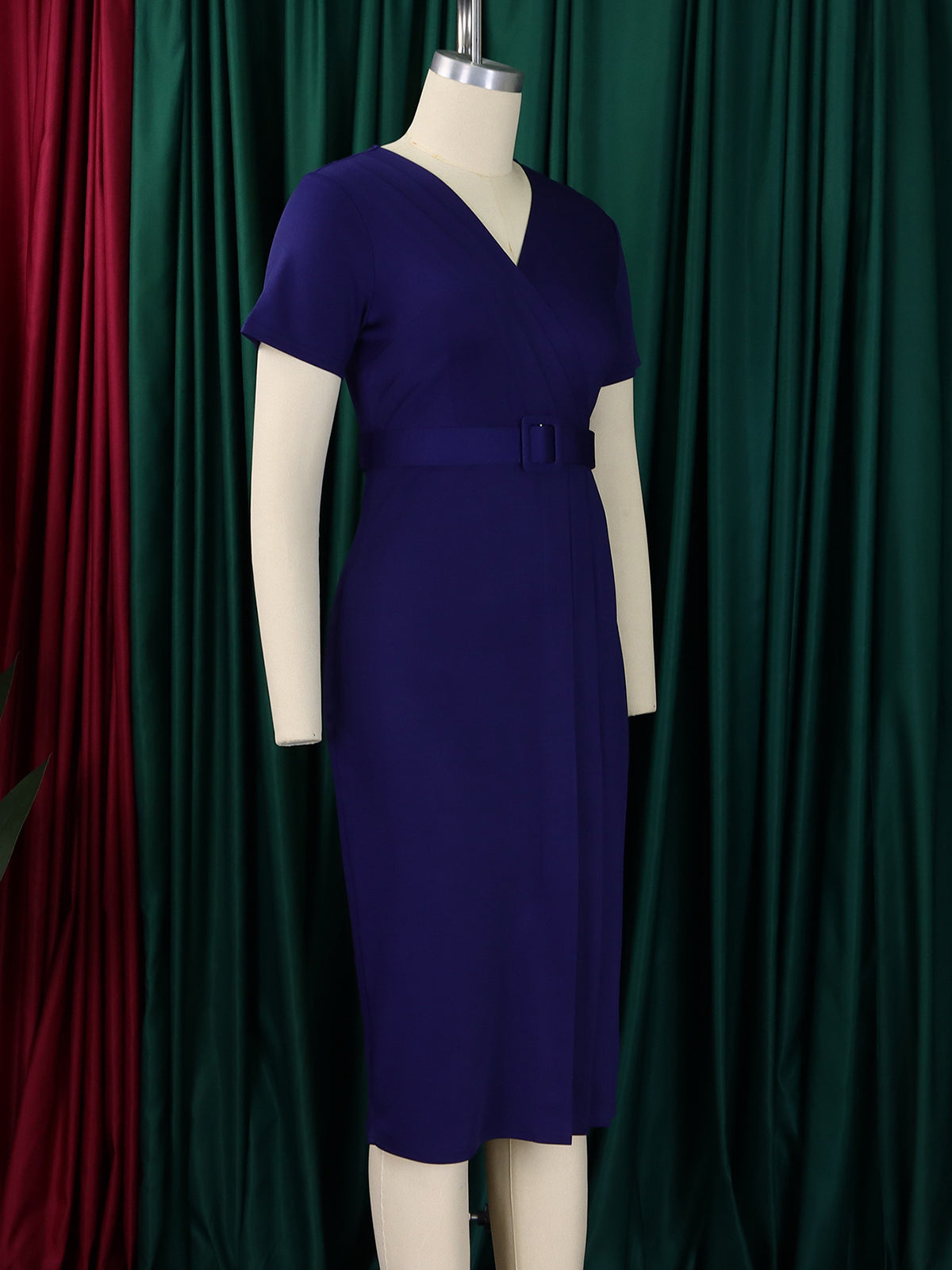 Elegant V Neck High Waist Career Midi Dress