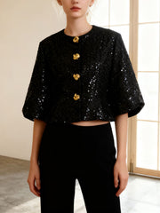Fashion Round Neck Puff Sleeve Sequined Cropped Jacket