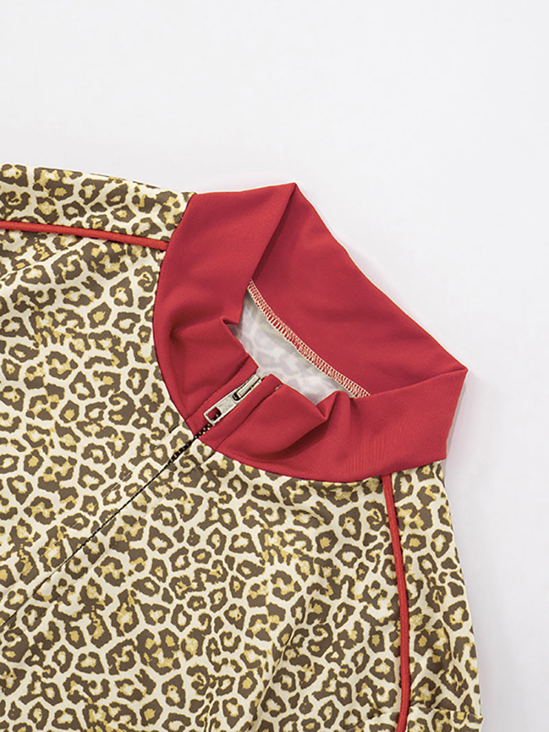 Casual Leopard Print Zipper Top Drawstring Shorts Sets