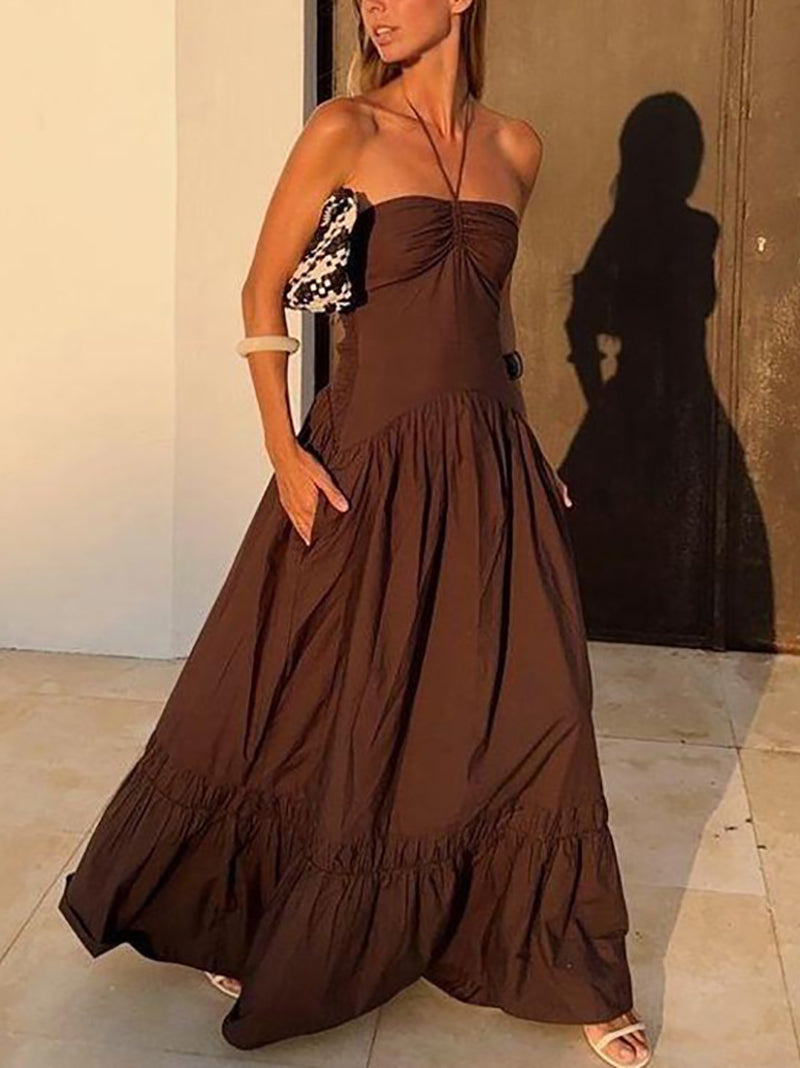 Sexy Solid Color Halter Slim Tiered Maxi Dress