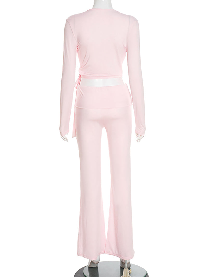 Casual Lace-up Crop Top High Waist Pants Sports Set
