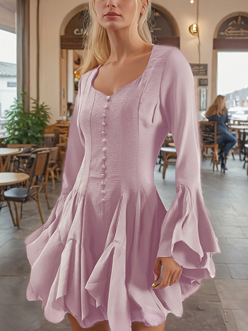 Elegant Mesh Flare Sleeve Ruffle Mini Dress