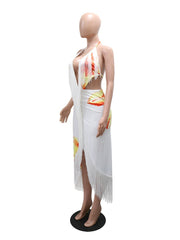 Halter Fringe Asymmetric Print Dress