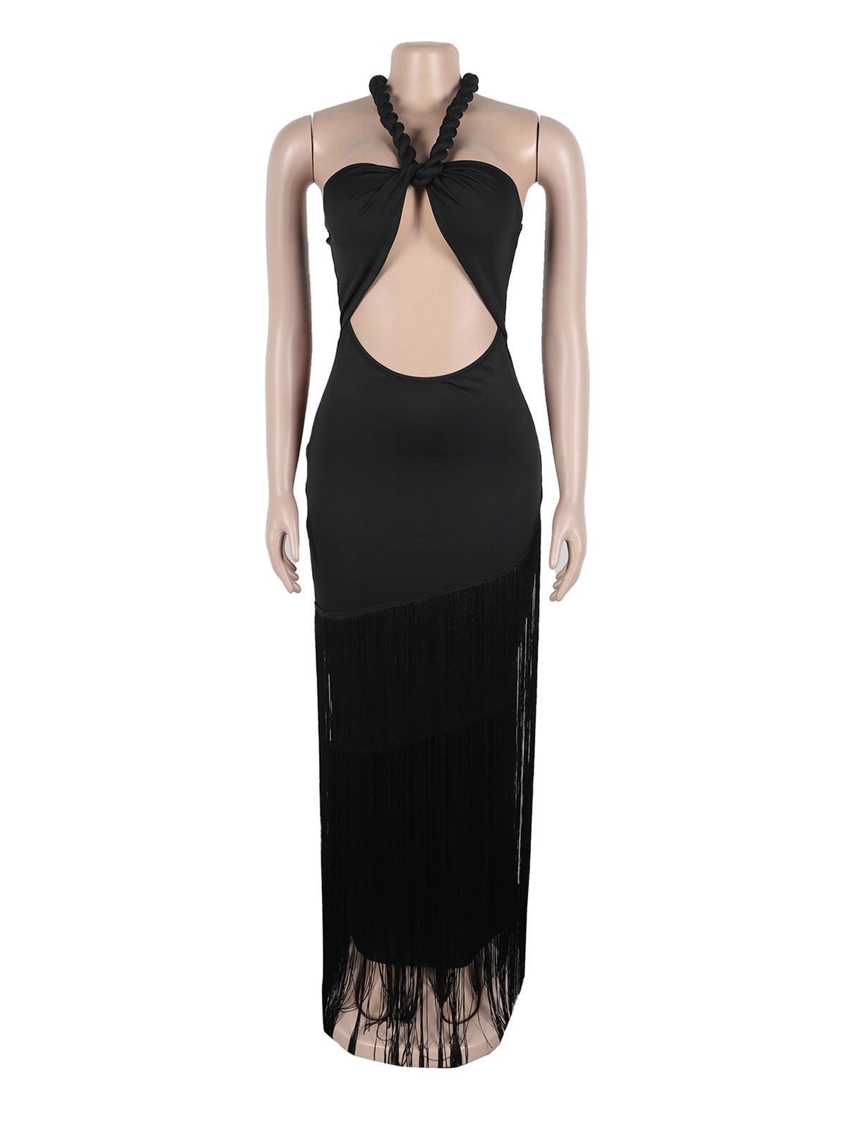 Sexy Fringe Halter Backless Lace-Up Maxi Dress