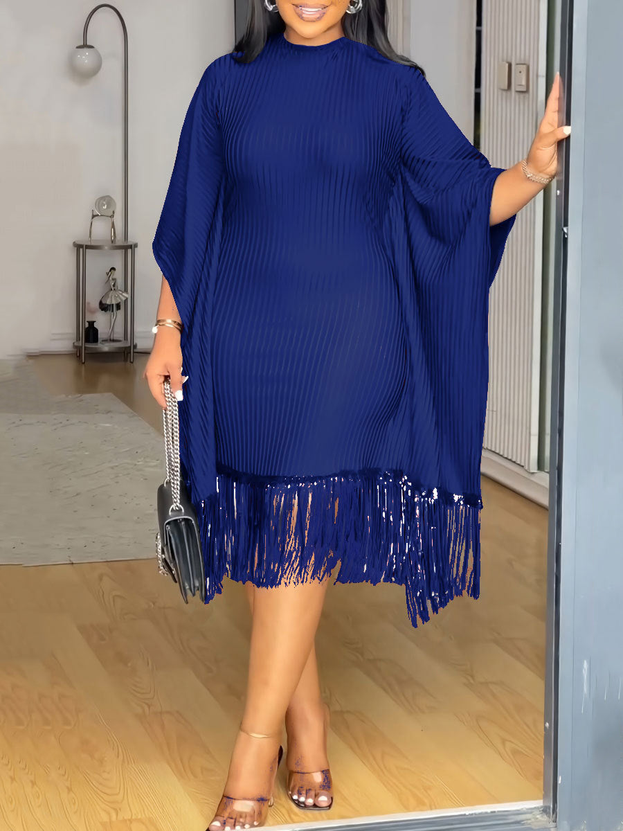 Fashion Sequin Fringe Bat Sleeve Midi Dress