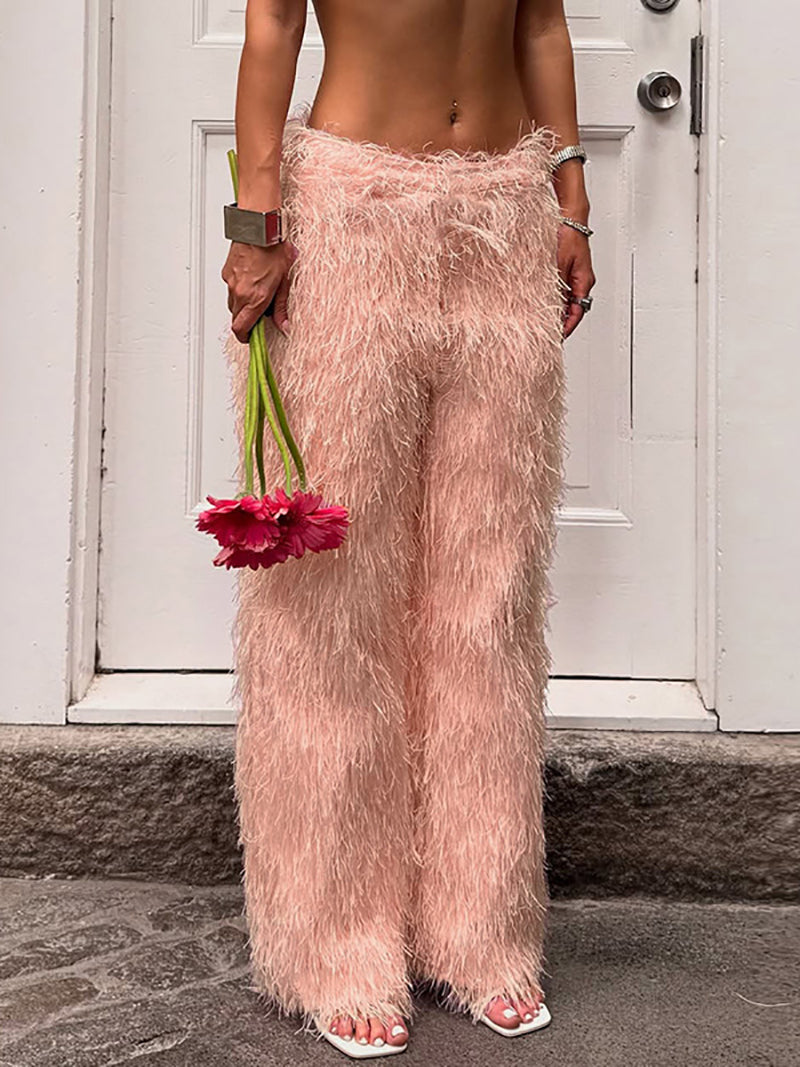 Casual Fluffy Mid Waist Straight Trousers