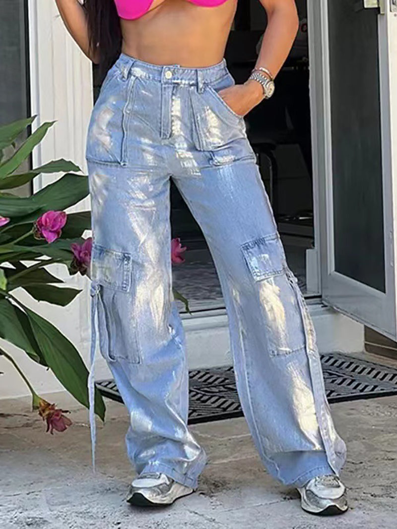 Fashion Silver spray painting Straight-leg Jeans