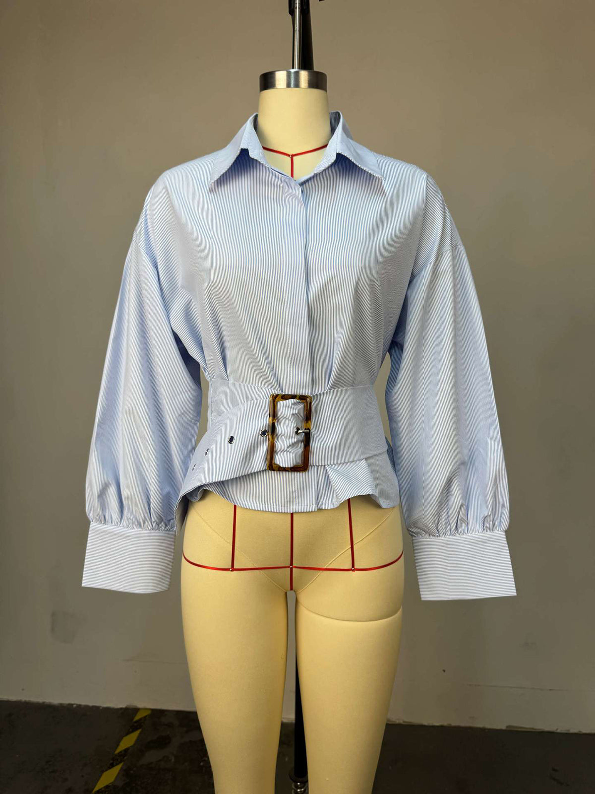 Elegant Long Sleeve Striped Belted Shirt