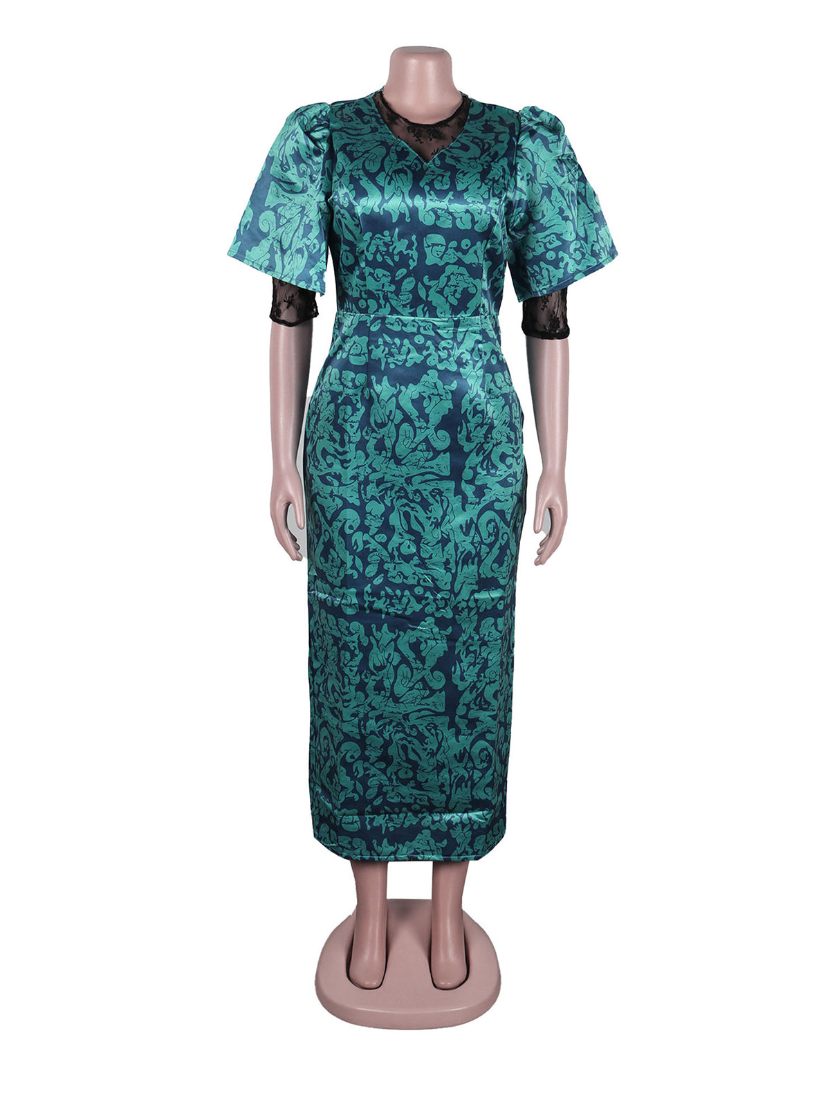 Fashion Print Lace Patchwork Midi Dress