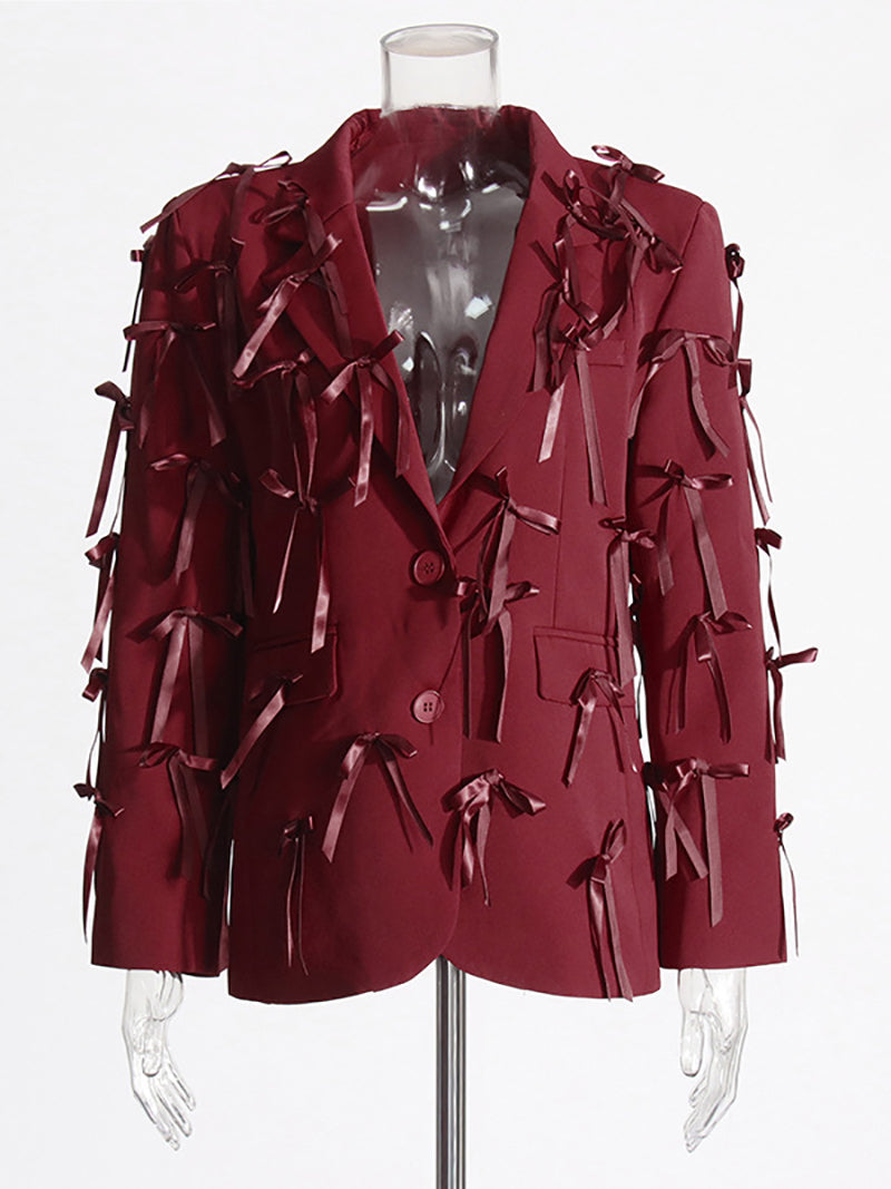 Spliced V-Neck 3D Bow Long Sleeved Blazer Jacket