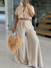 Striped Crop Shirt Drawstring Wide Leg Pants Two-Piece