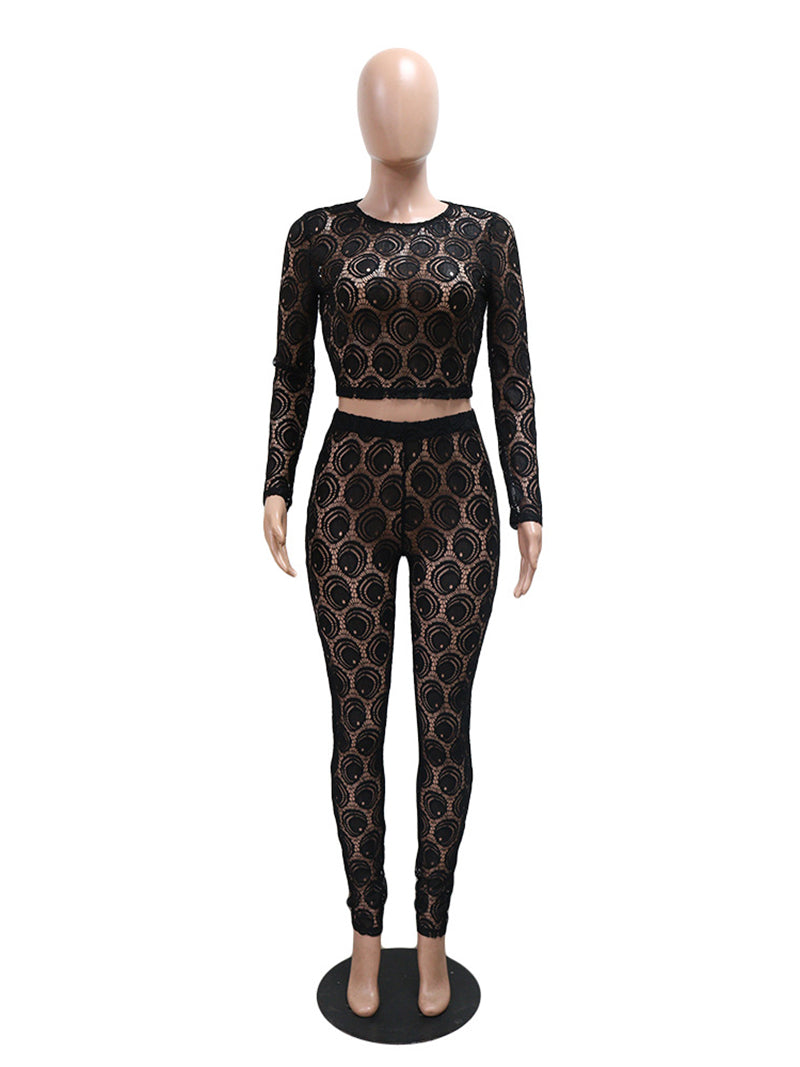 Sexy Lace See Through Top Pants Night Club Skinny Set