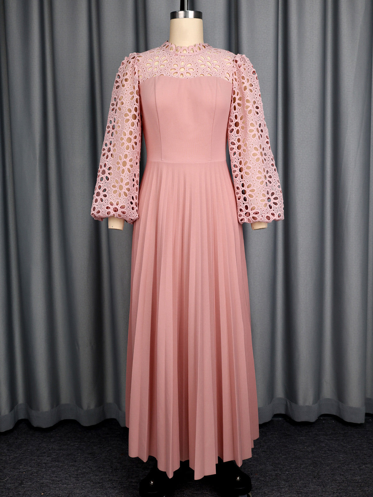 Elegant Lace Lantern Sleeve Hollow Out Pleated Dress