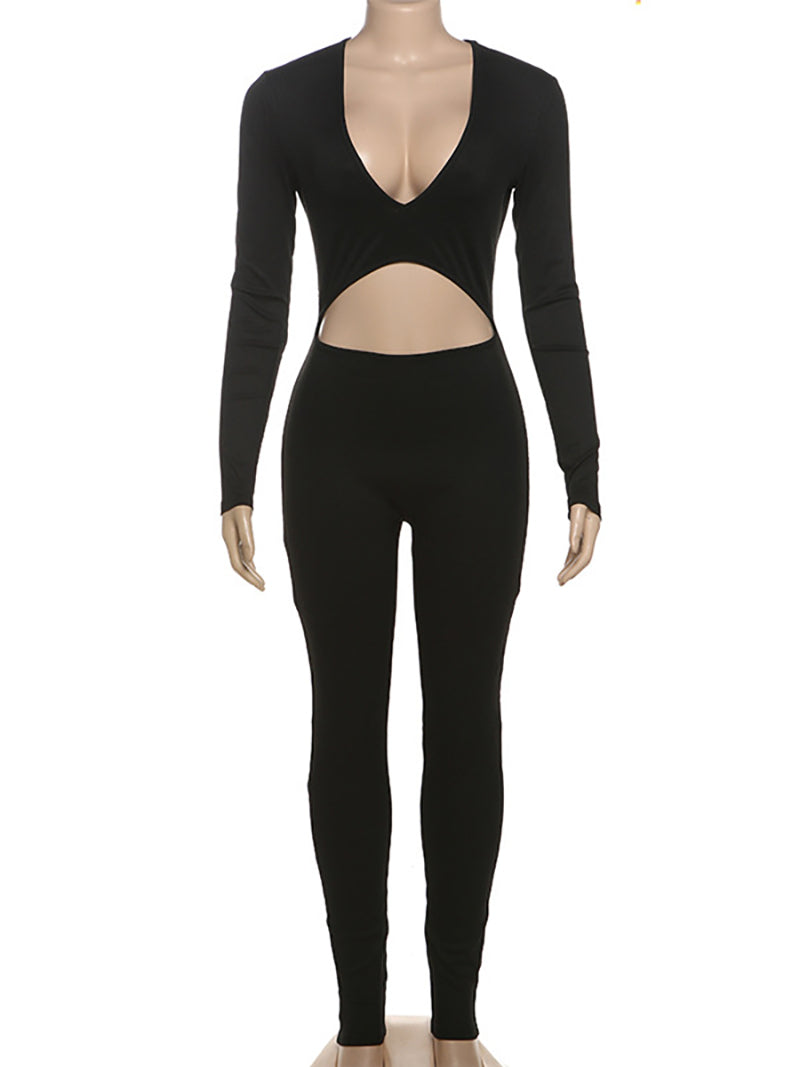 Deep V Hollow Out Sports Tight Jumpsuit