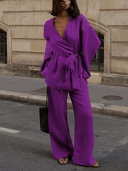 Women's Tie Front Top and Wide Leg Pants Set