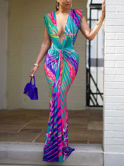 Fashion Print Gradient Color Deep V Sleeveless Dress