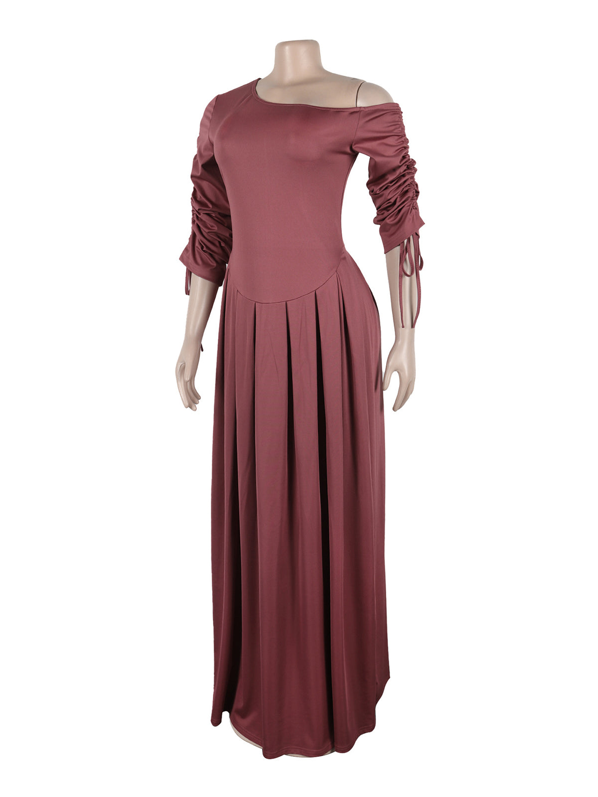 Slash Shoulder Pleated Long Sleeve Maxi Dress