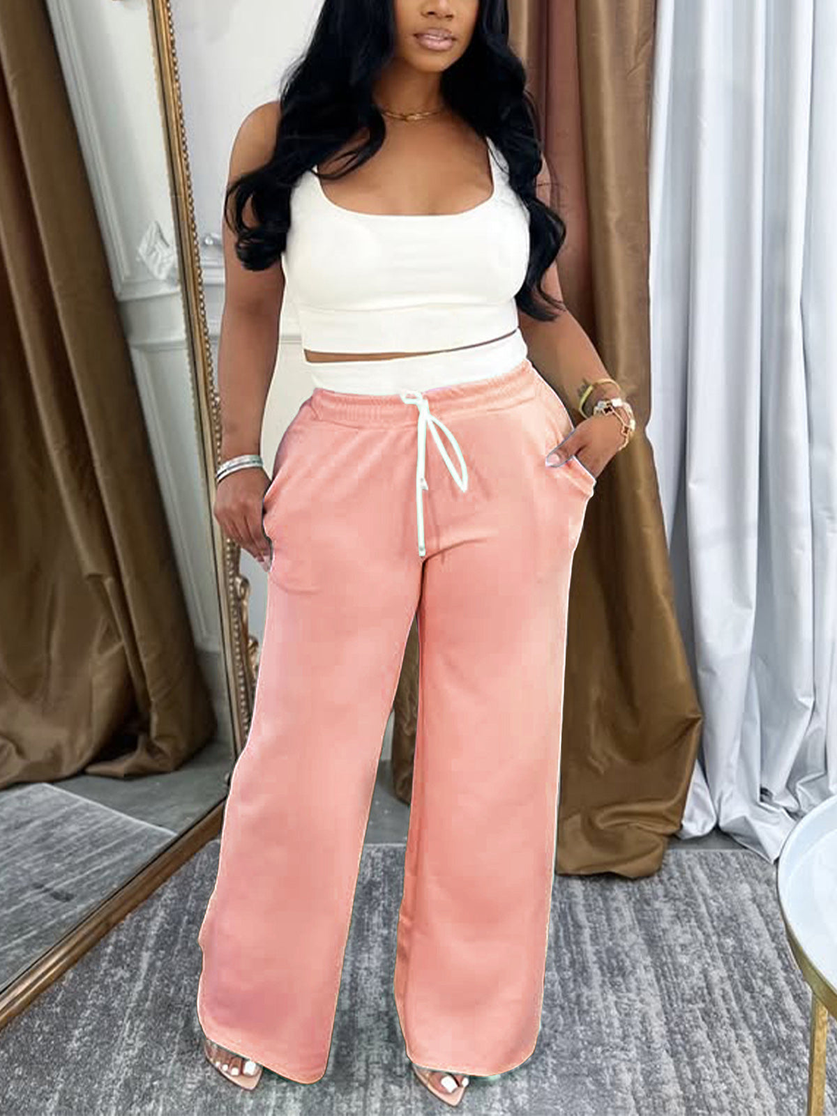 Casual Square Neck Cropped Vest Draw String Pants Set