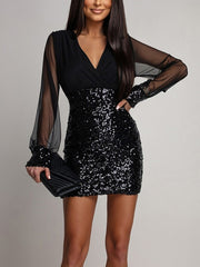 Fashion V Neck Mesh Patchwork Sequin Slim Mini Dress