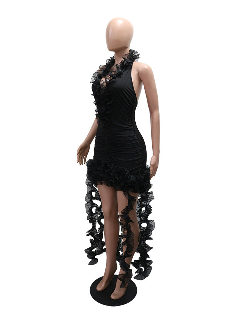Sexy Halter Ruffles Ruched Mesh Mini Dress