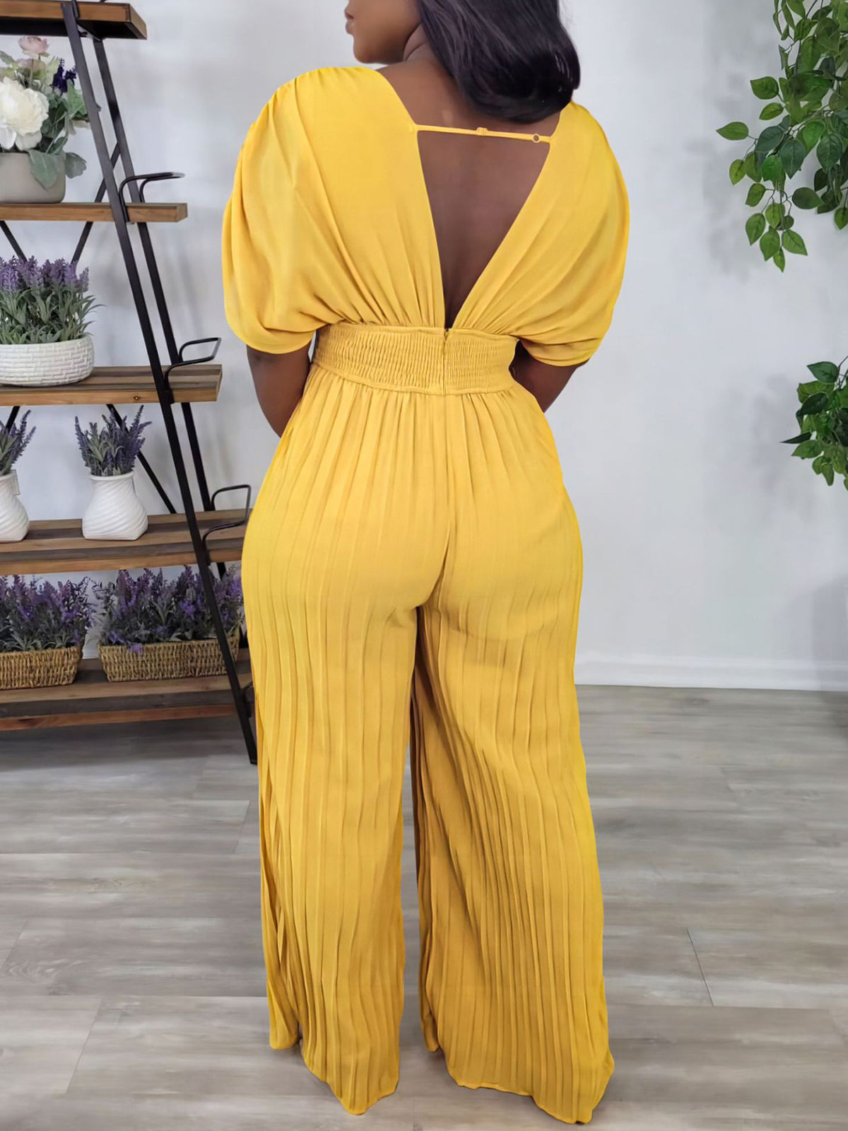 Solid Color V-Neck Pleated Wide Leg Jumpsuit