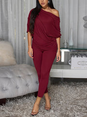 Casual Off Shoulder Ribbed Top And Pant Set