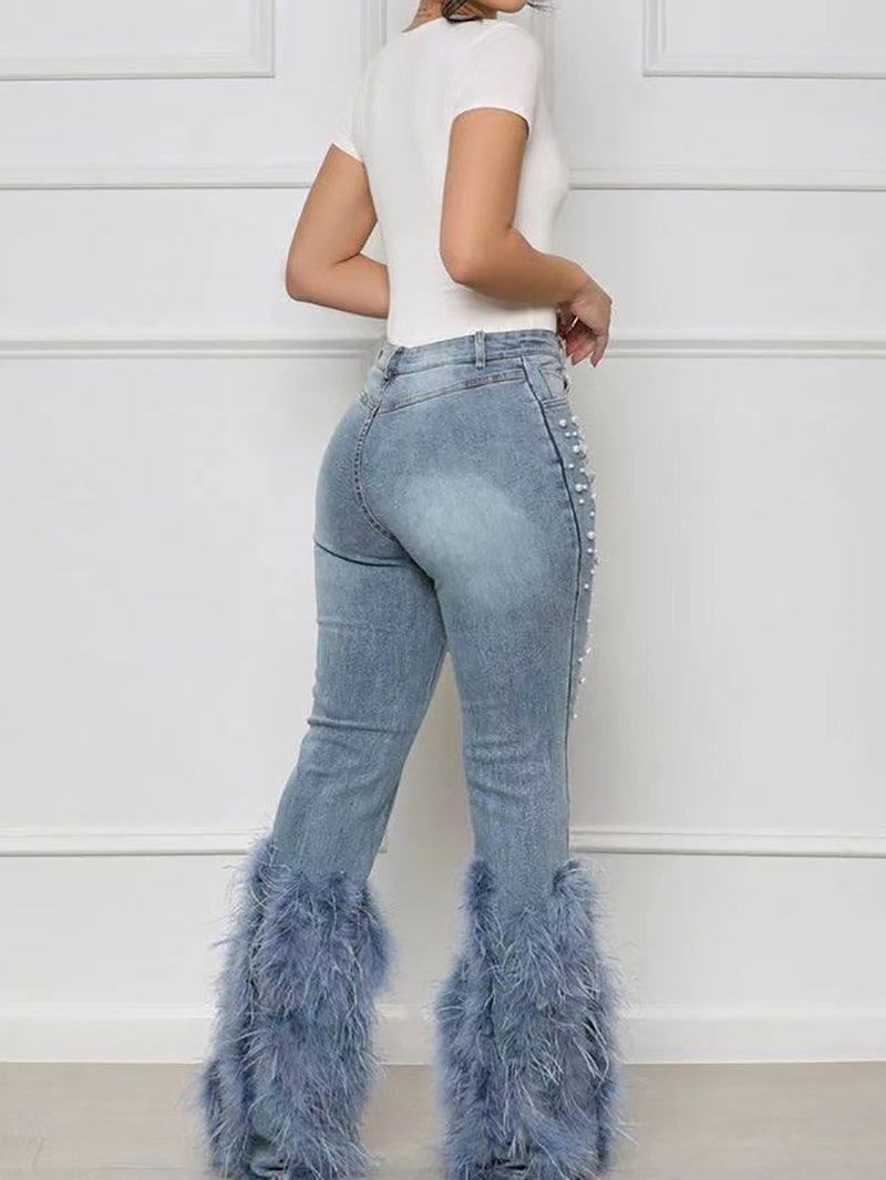 Fashion Feather Combo Ripped Jeans