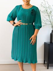 Belted Crew Neck Pleated Midi Dress