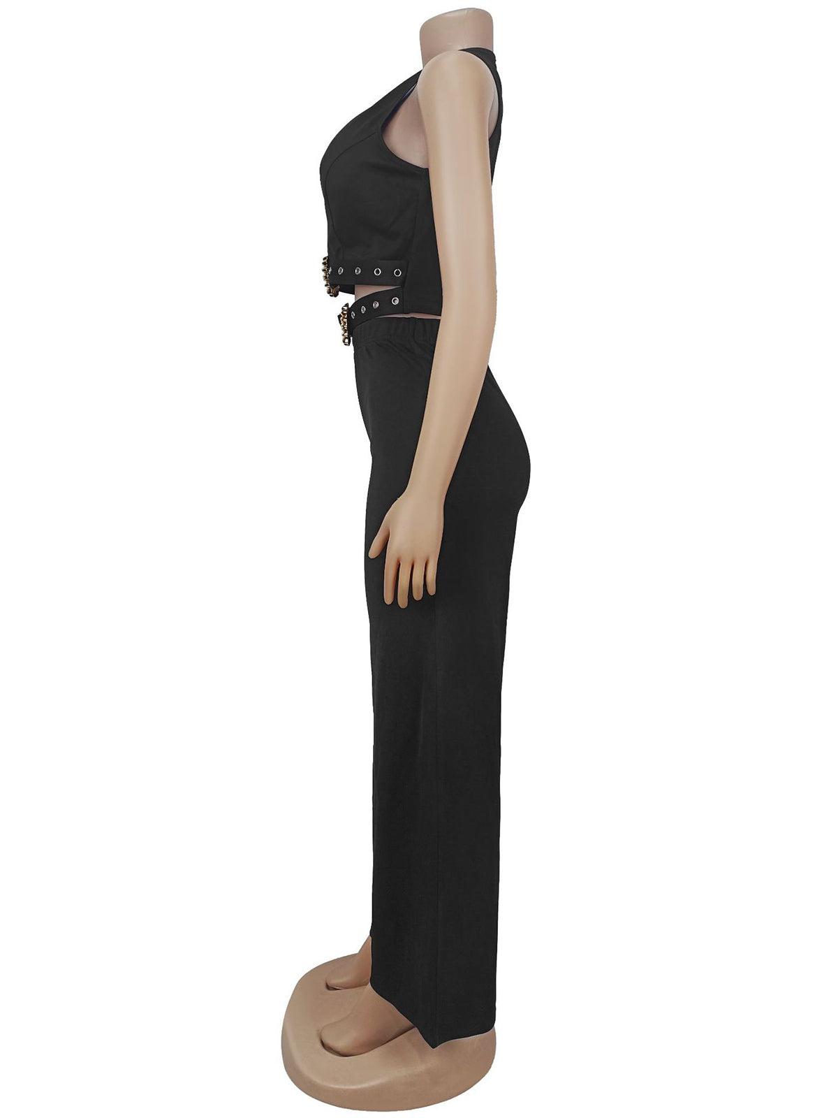 Sexy V-Neck Buckled Belt Top and Pants 2 Piece Set