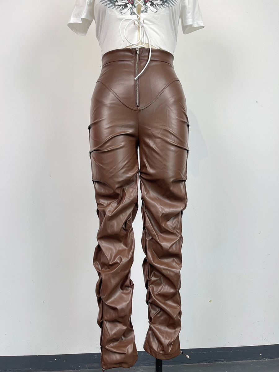 Casual PU Leather Ruched Pants