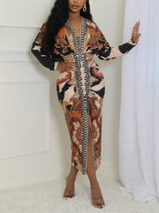 Fashion V-neck Ruched Stacked Print Midi Dress