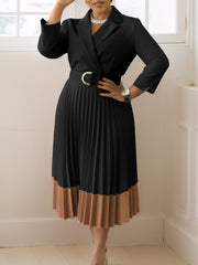 Fashion Cinched Waist Two-Tone Belted Pleated Dress