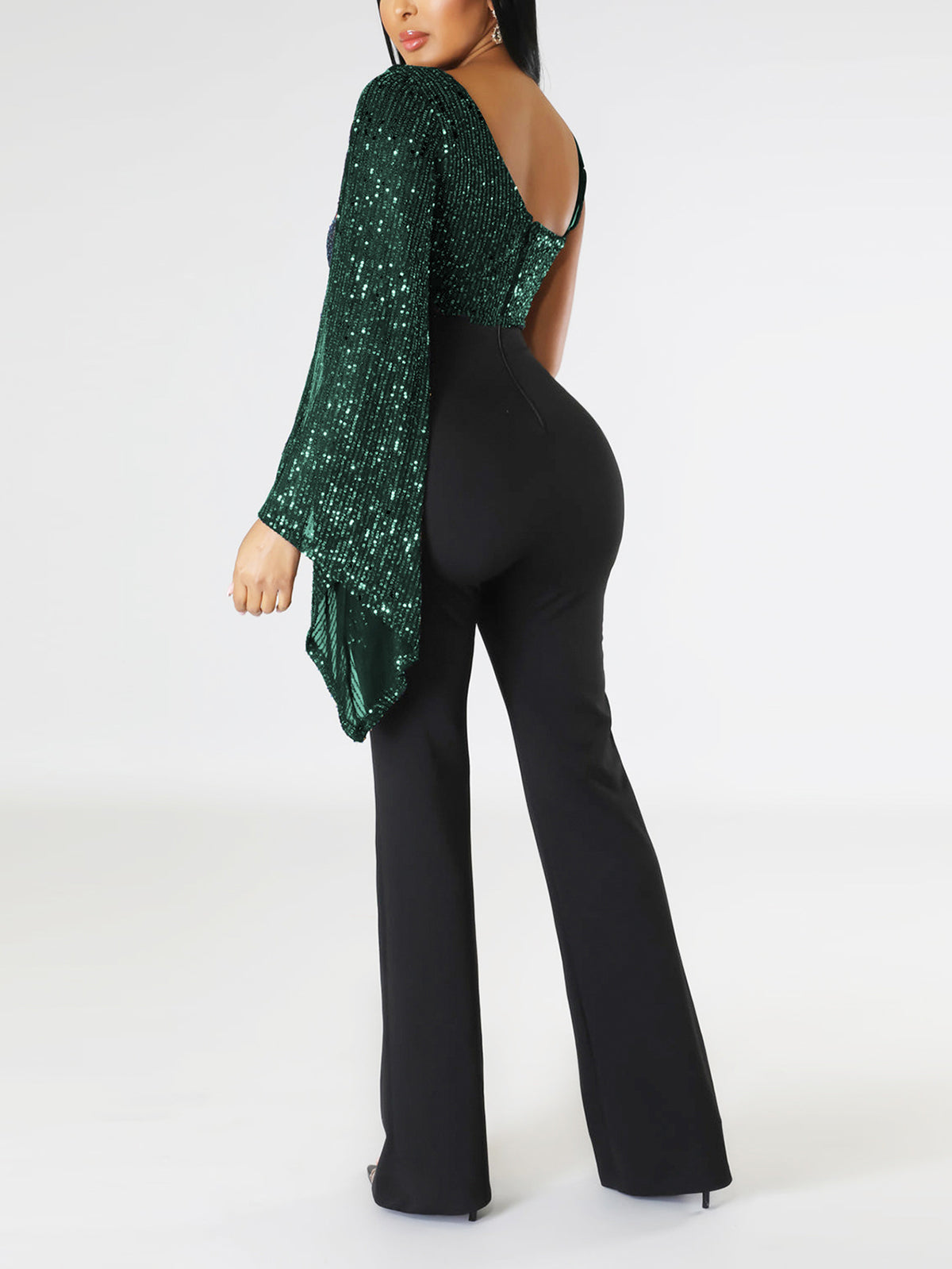 One-Shoulder Cape Sequin Patchwork Nightclub Jumpsuit