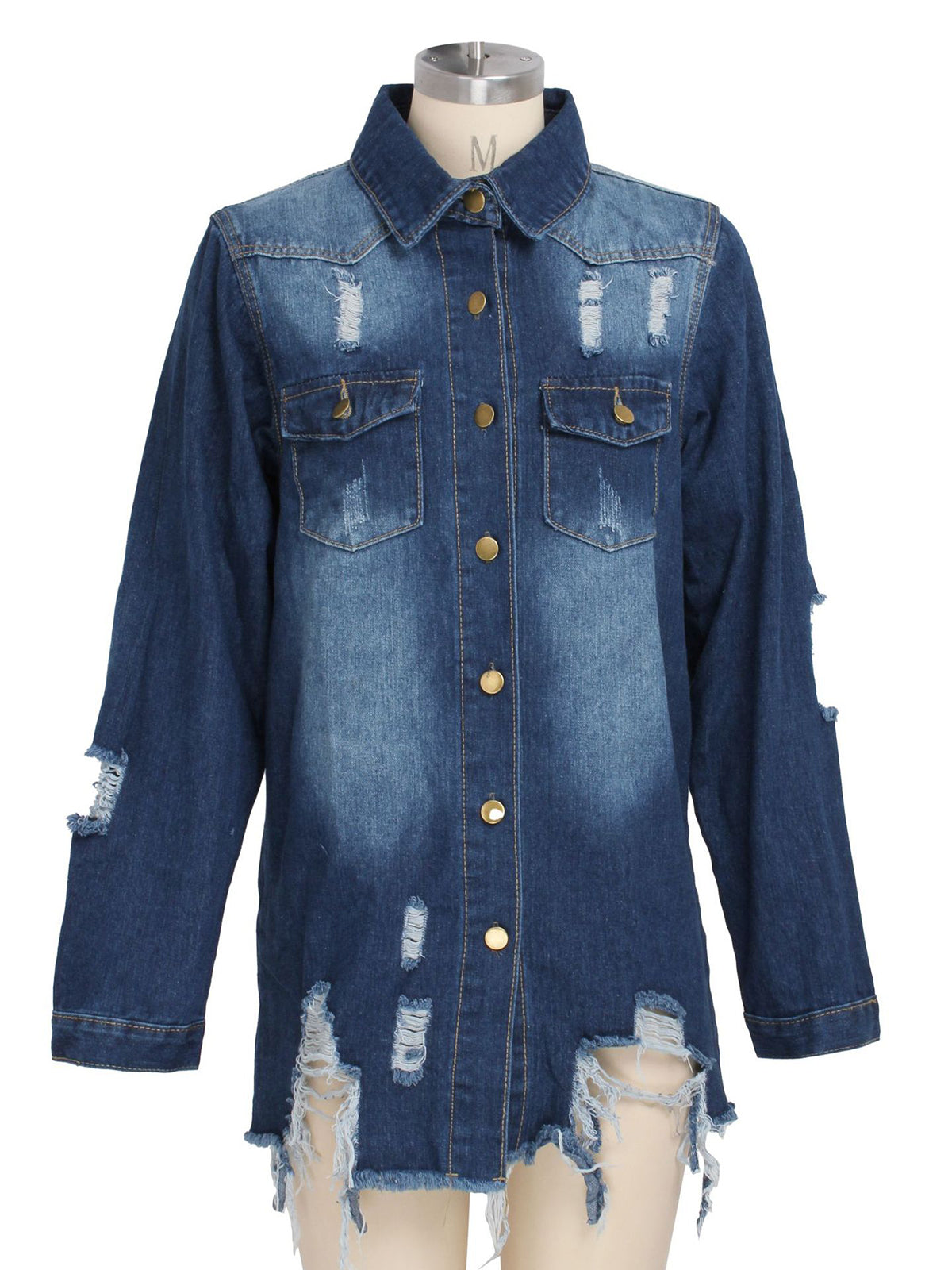 Casual Long Sleeve Shirt Button Ripped Denim Blouse Jacket