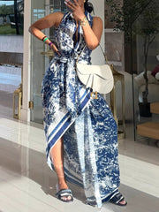 Elegant Print Cinched Waist Bohemian Slit Dress
