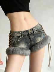 Fashion Faux Fur Patchwork Lace-Up Denim Shorts