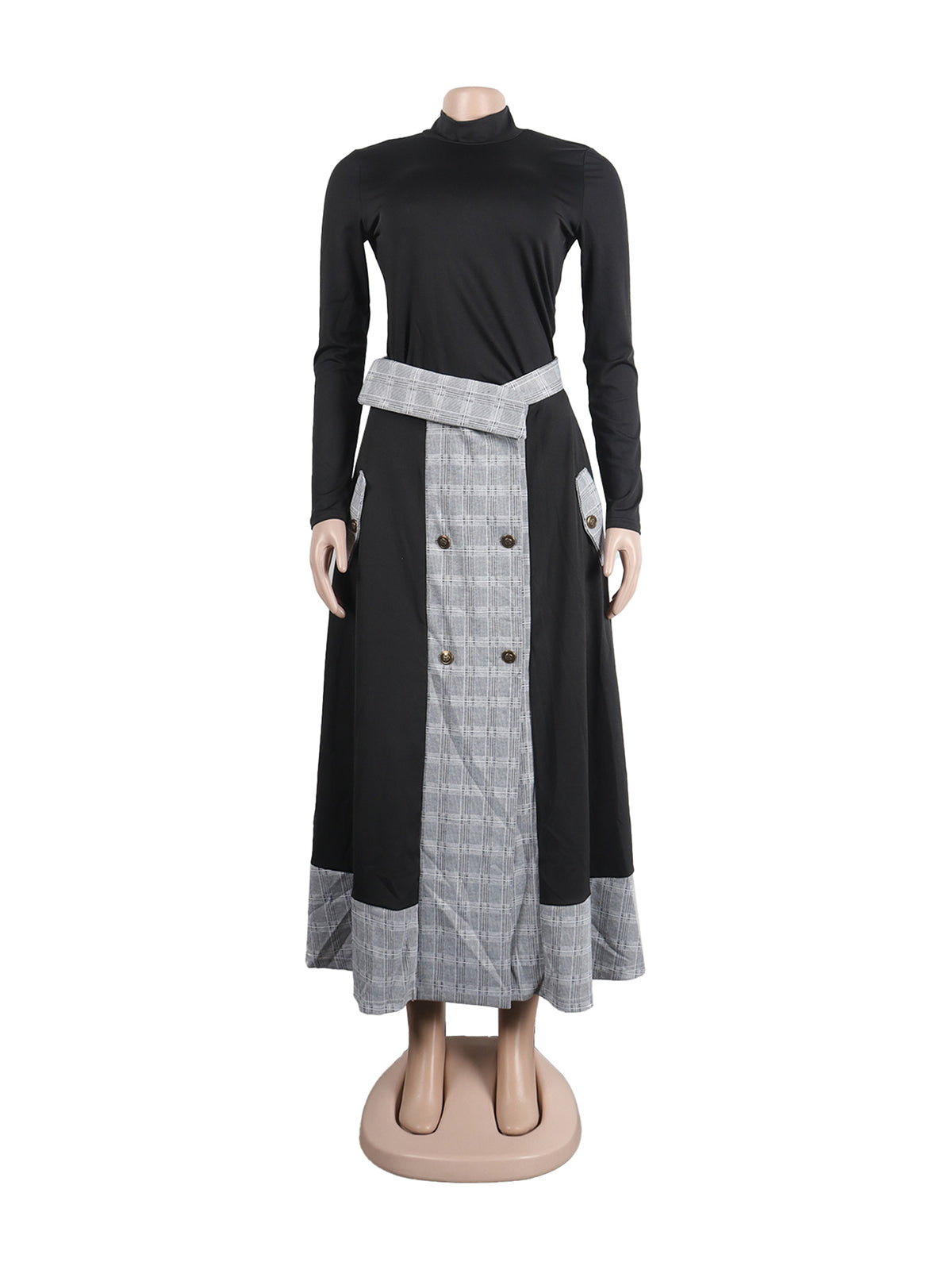 Fashion High collar Top Plaid Slit Mid Skirt Set