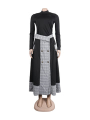 Fashion High collar Top Plaid Slit Mid Skirt Set