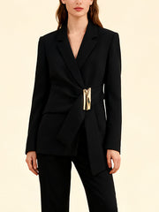 Notched Lapel Metallic Decor Ruched Asymmetrical Blazer