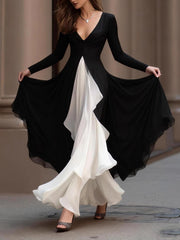 Elegant Color Block V Neck Long Sleeve Slim Maxi Dress